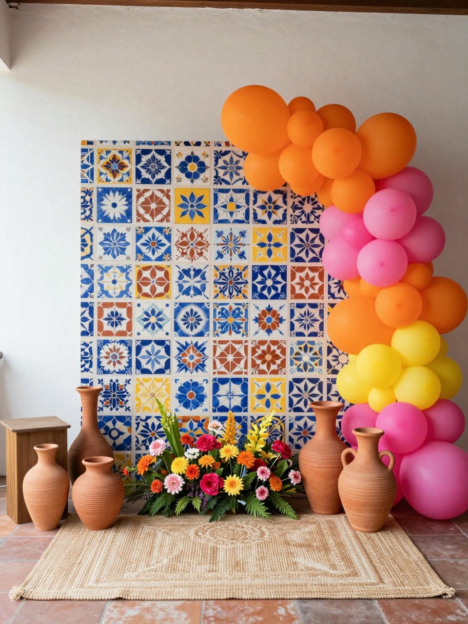 Image Prompt:
A single realistic photo of a Mexican-inspired party backdrop with a blue, white, yellow, and terracotta tile-patterned wall panel, bright floral arrangements at the base, orange and pink balloon clusters, terracotta vases, woven rugs, small wooden plinths, indoor or patio party setting, no people, no faces, soft natural lighting, realistic editorial event photography, no readable text, no watermark.