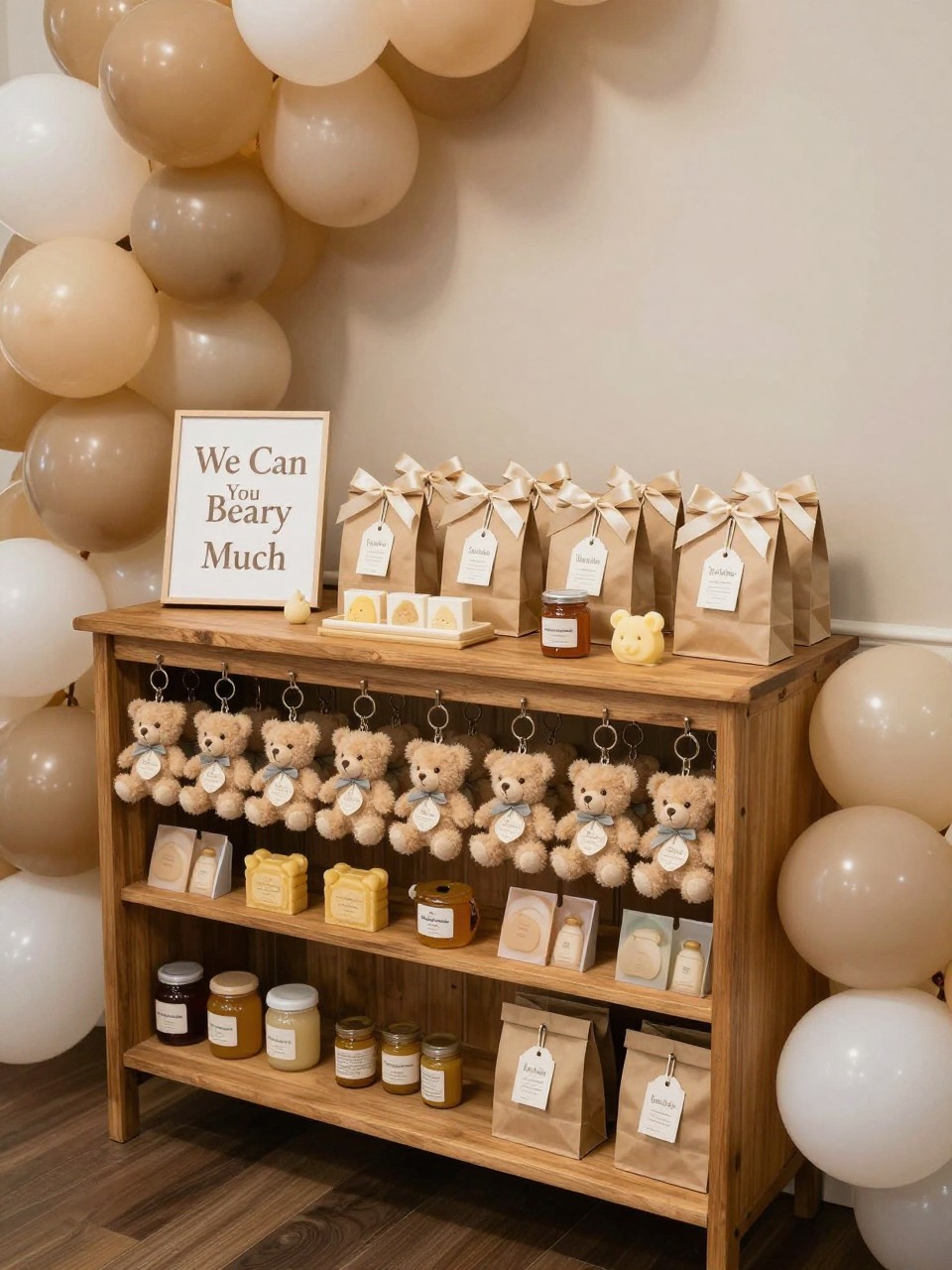 Image Prompt:
A realistic single-image “We Can Bearly Wait” baby shower favor station, wooden shelf filled with mini teddy bear keychains, small honey jars, bear-shaped soaps, kraft paper favor bags, cream ribbon, tiny thank-you tags, beige balloon garland on one side, sign reading “Thank You Beary Much,” warm indoor party corner, no people, no faces, editorial decor photography, realistic favor details, no watermarks on images