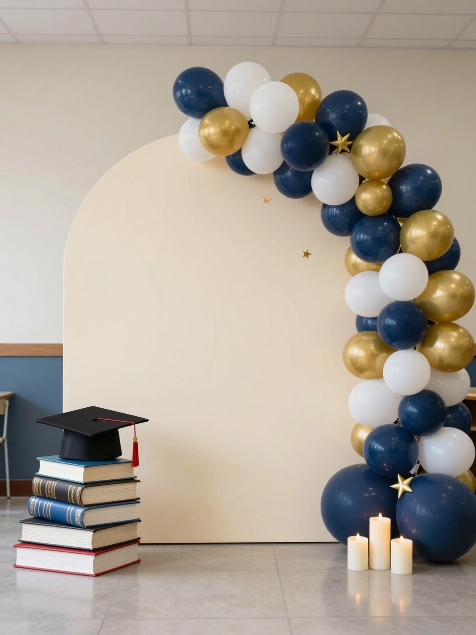 Image Prompt:
A single realistic editorial-style photo of a school farewell backdrop with a cream panel backdrop, stacked books, graduation cap props, soft balloon garland in navy, white, and gold, a few small star accents, neat candle-style decor, polished indoor party setup, no people, no faces, realistic event photography, no readable text, no watermark.