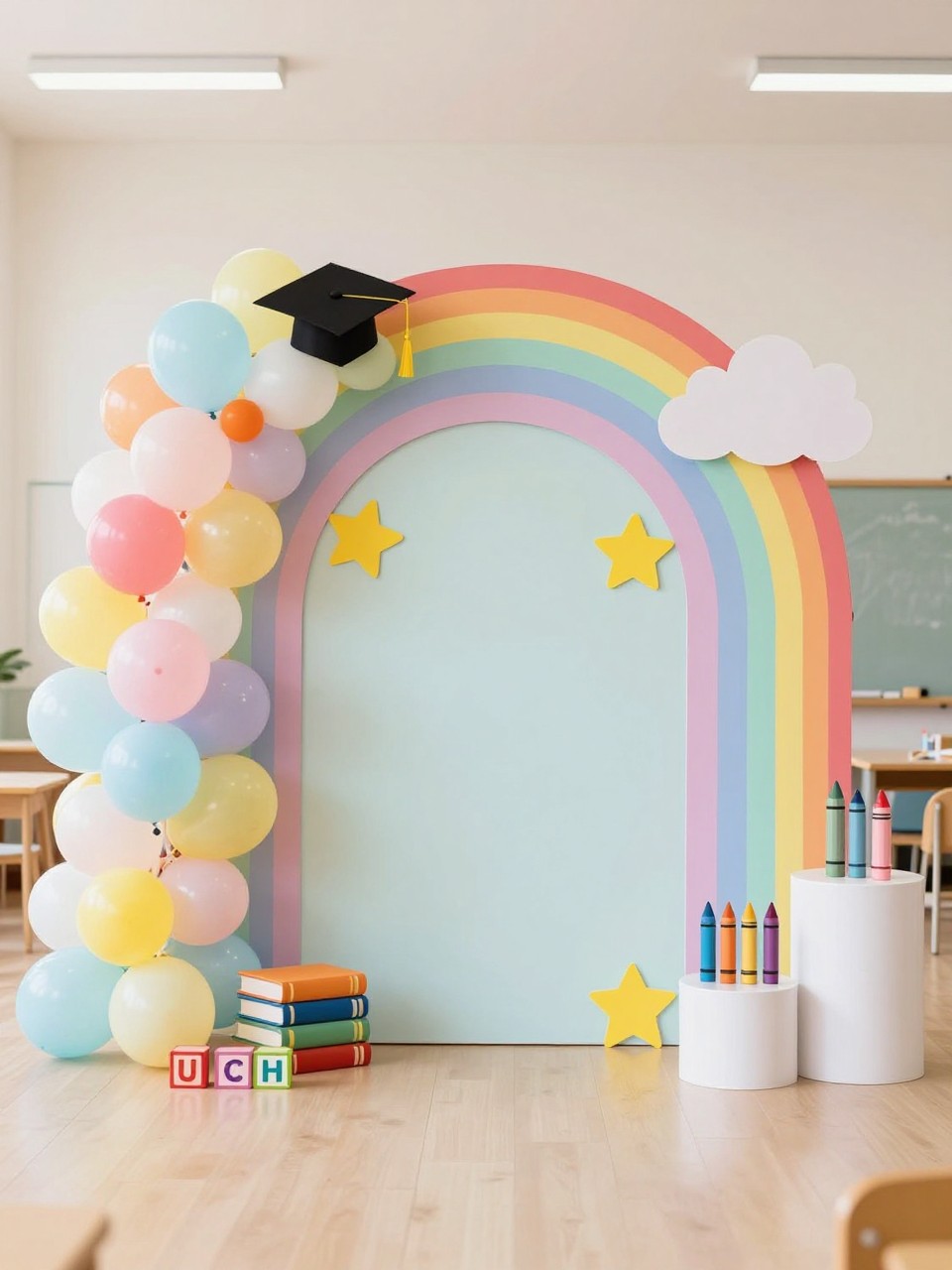 Image Prompt:
A single realistic editorial-style photo of a full preschool graduation backdrop with layered pastel panels, rainbow arch, colorful balloons, alphabet blocks, books, crayons, mini graduation caps, yellow stars, cloud props, white dessert plinths, bright classroom or school hall setting, no people, no faces, realistic colorful event photography, no text, no watermark.