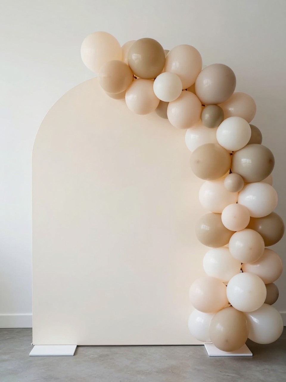 Image Prompt:
A single realistic photo of a modern party backdrop with a large cream circular panel and an organic balloon garland wrapping across the top and down one side, balloons in soft blush, ivory, beige, and champagne, small white plinths at the base, clean indoor venue, no people, no faces, bright natural lighting, realistic party photography, no text, no watermark.