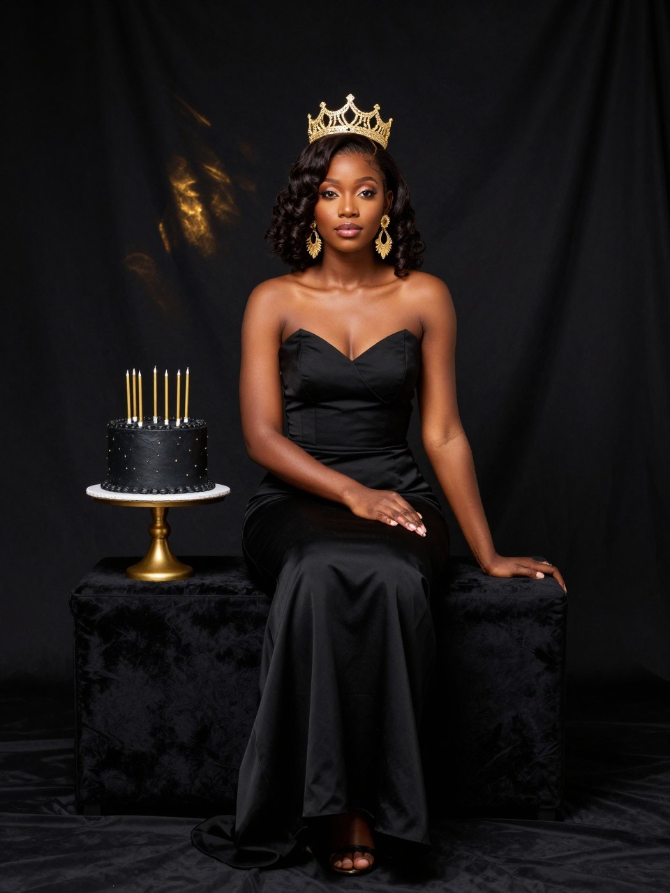 Image Prompt:
A realistic luxury studio birthday photoshoot of a Black woman wearing a structured black gown, gold statement earrings, and a delicate gold crown. She sits on a black velvet stool in front of a matte black backdrop with subtle gold light reflections. A small black birthday cake with gold candles is placed on a pedestal beside her. Full face visible, regal calm expression, dramatic studio lighting, elegant queen birthday concept, DSLR photo-realistic, vertical image.