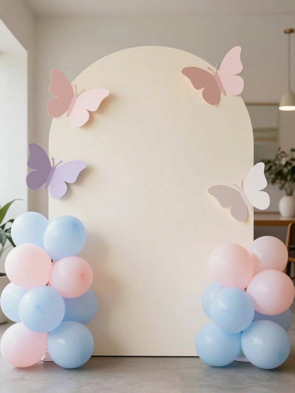 Image Prompt:
A single realistic photo of a whimsical party backdrop with a pale cream circular panel decorated with delicate butterfly cutouts in blush, lavender, and soft blue, pastel balloon clusters at the base, white pedestal stands, airy indoor venue, no people, no faces, soft natural light, realistic editorial party photo, no text, no watermark.