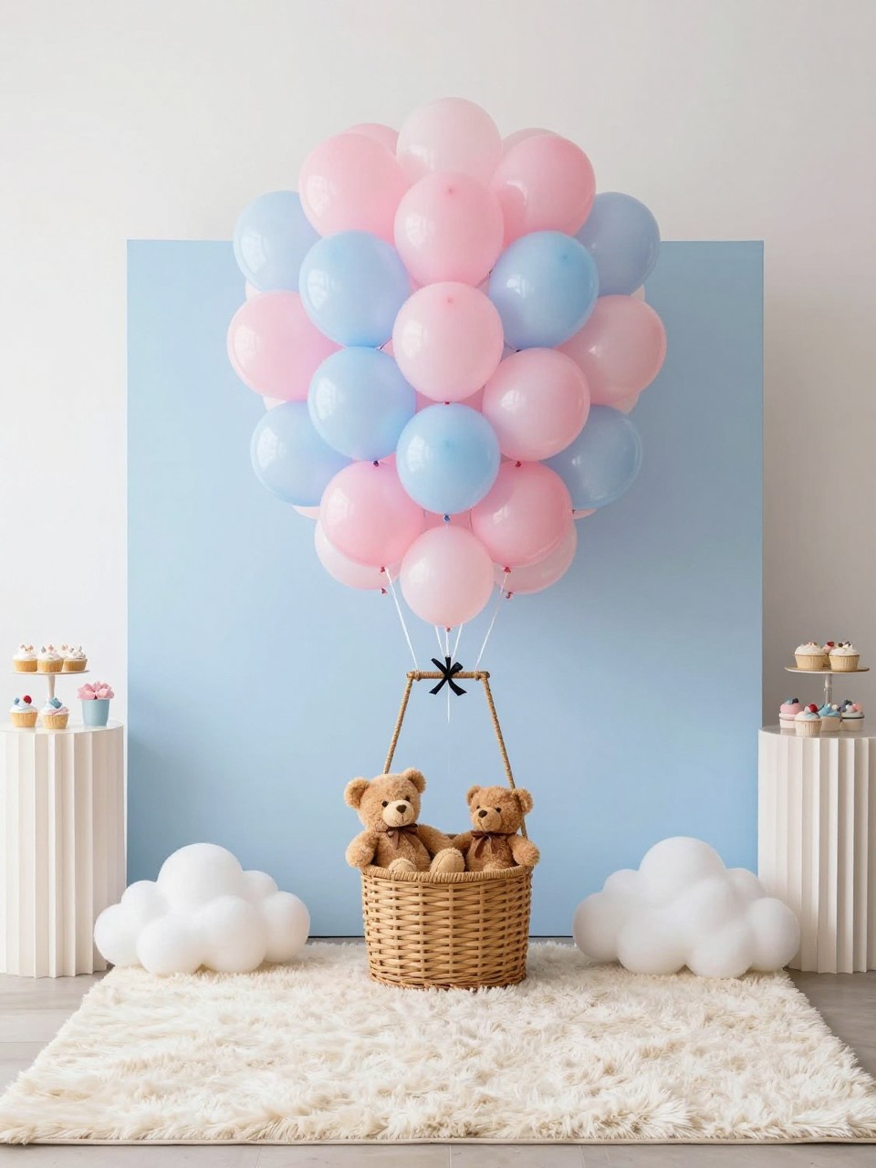 Image Prompt:
A single realistic photo of a hot air balloon gender reveal backdrop with a large faux hot air balloon basket prop in front of a soft sky-blue panel, blush pink and baby blue balloons forming the balloon shape above, white cloud props around the base, small teddy bear inside the basket, cream rug, dessert plinths nearby, bright airy indoor event styling, no people, no faces, realistic photo quality, no text, no watermark.