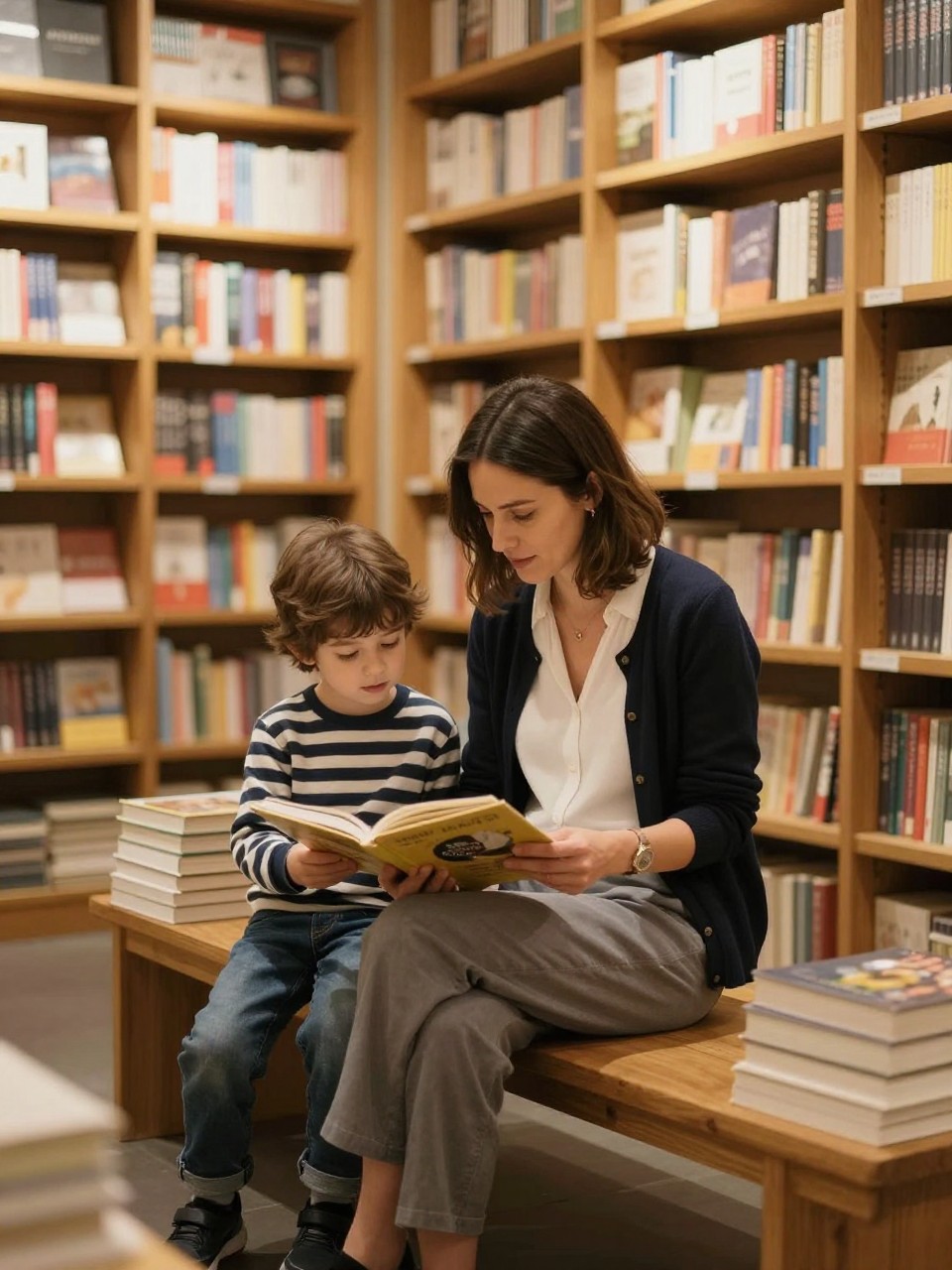 Image Prompt:
A realistic mother and son photoshoot inside a cozy independent bookstore, featuring a white mother in a navy cardigan, white blouse, and relaxed trousers, sitting on a small wooden bench with her young son in a striped sweater and jeans. They are reading one picture book together, with tall shelves, warm lamps, stacked books, and a quiet reading corner around them. The mother’s face is visible in soft profile while the son looks down at the book. Warm indoor lighting, documentary family photography, vertical image.