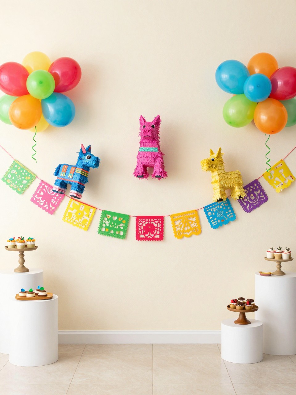 Image Prompt:
A single realistic photo of a fun Mexican theme party backdrop with colorful mini piñatas hanging against a cream wall, rainbow balloon clusters, papel picado banners, confetti-style paper details, small dessert plinths, bright indoor birthday party setting, no people, no faces, realistic cheerful event photography, no text, no watermark.
