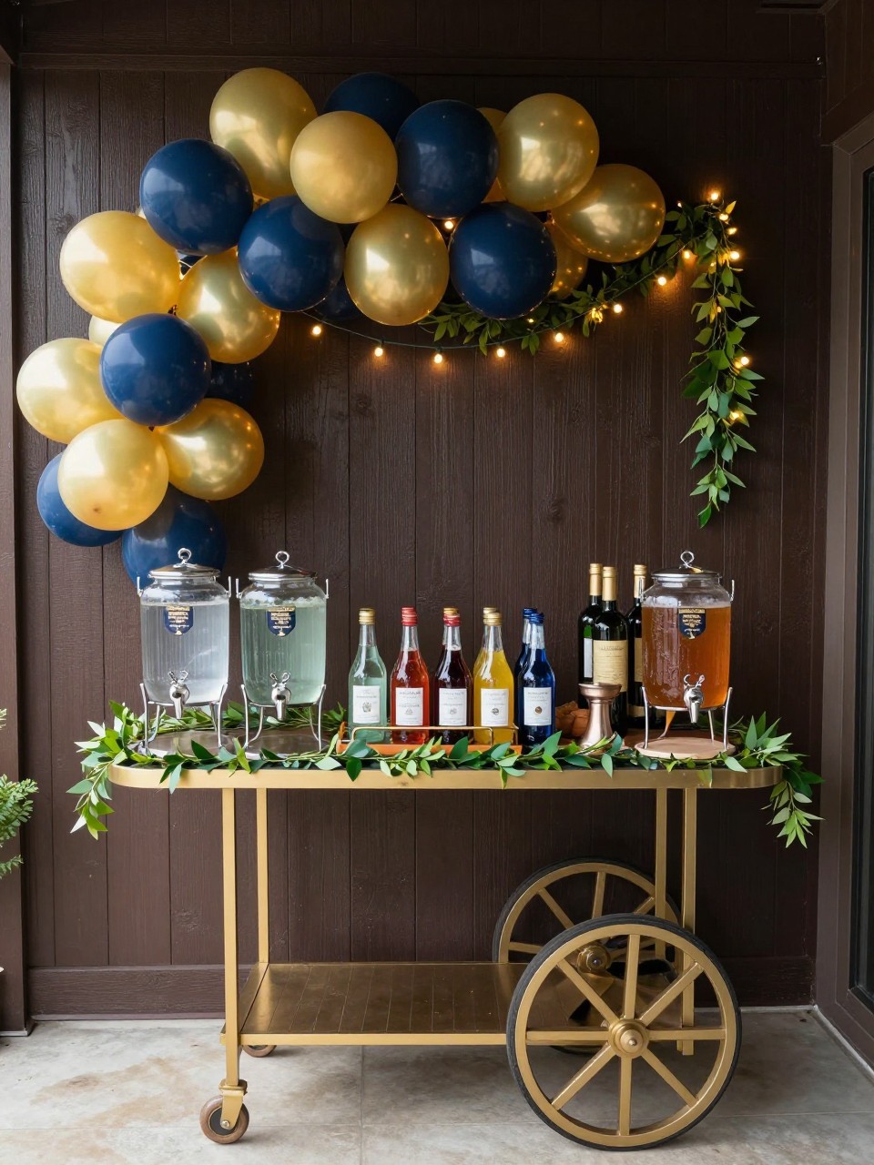 Image Prompt:
A single realistic photo of a Father’s Day drinks station backdrop with a dark wood panel wall, small bar cart setup, glass drink dispensers, non-alcoholic bottled drinks, navy and gold balloon clusters, greenery, warm string lights, indoor or patio family celebration setting, no people, no faces, realistic event photography, no alcohol branding, no readable text, no watermark.