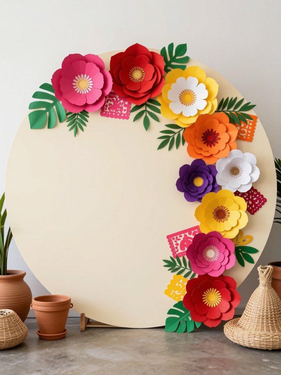 Image Prompt:
A single realistic photo of a Mexican-inspired circle backdrop with a large cream circular panel, bold paper flowers in red, pink, orange, yellow, purple, and white arranged heavily along one side, green leaves, small papel picado details, terracotta pots, woven basket accents, bright indoor event space, no people, no faces, realistic editorial party photography, no text, no watermark.