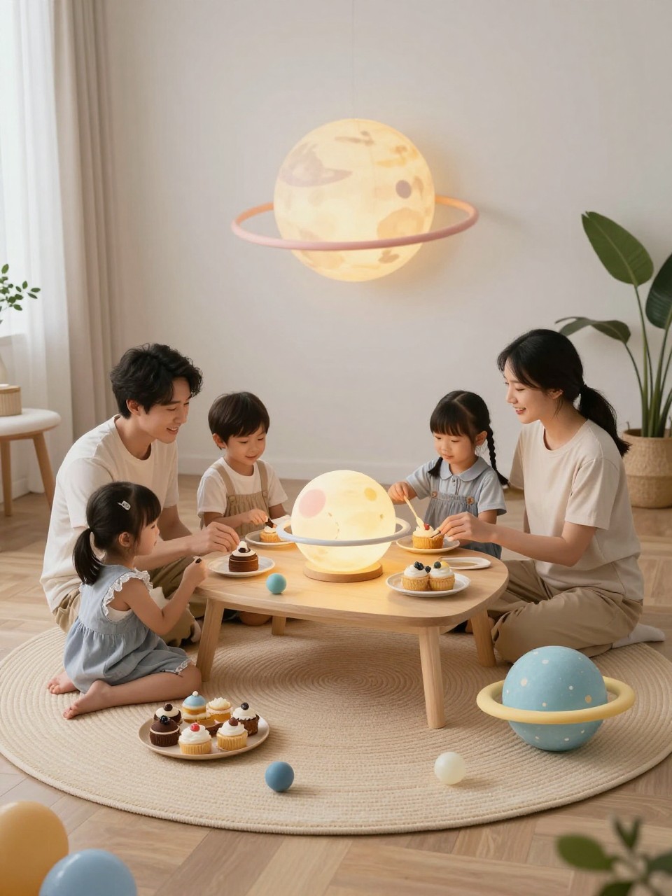 A realistic editorial photo of a creative indoor gender reveal picnic styled like a tiny planet theme, round picnic rug, planet-shaped desserts, soft pastel space decor, low table, parents sitting with close family, glowing planet centerpiece revealing one color, cozy whimsical atmosphere, DSLR photography