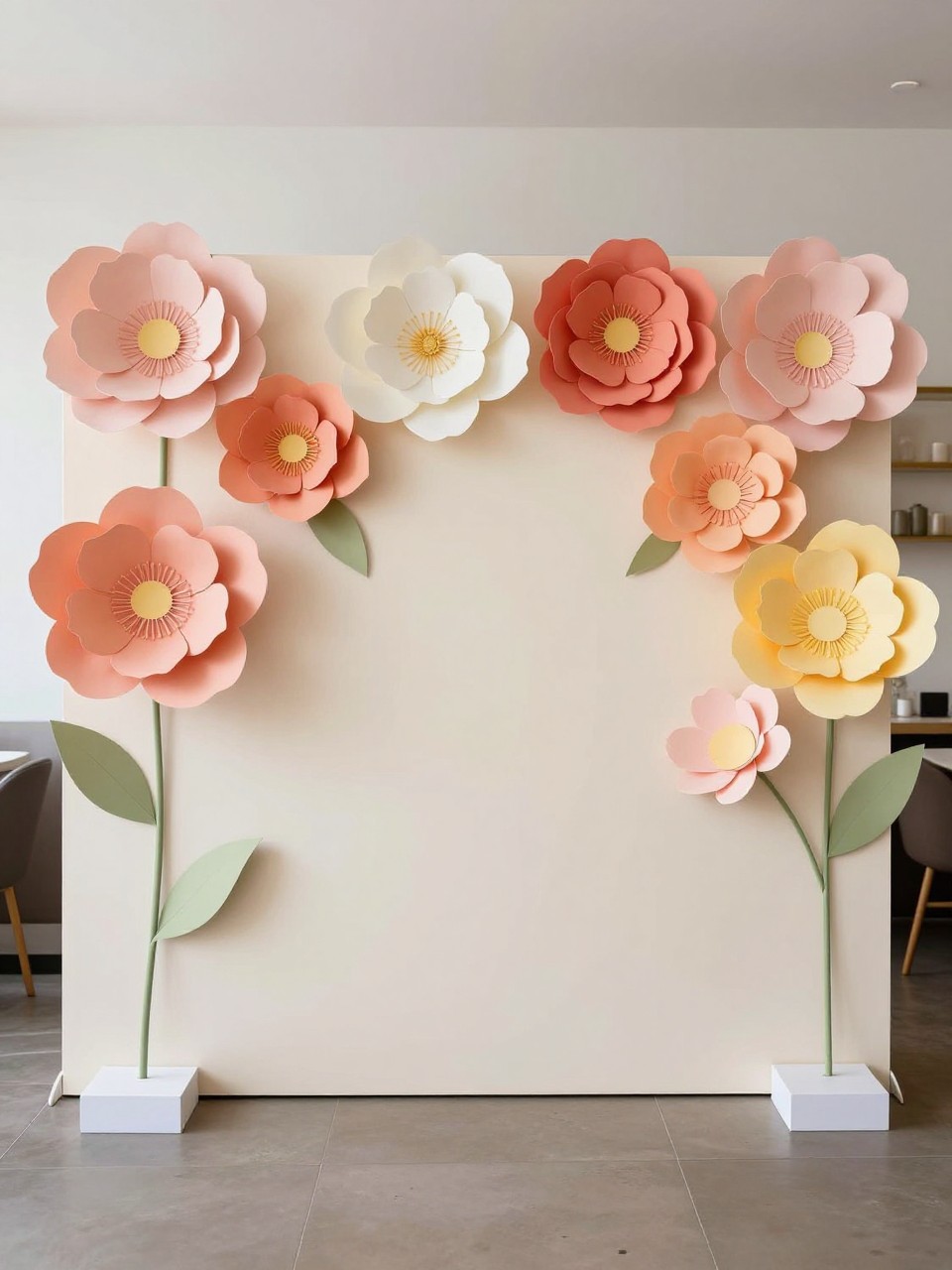 Image Prompt:
A single realistic photo of a creative event backdrop with oversized handmade paper flowers in blush, ivory, coral, peach, and soft yellow arranged across a cream wall panel, paper leaves tucked between the flowers, small white plinths at the base, bright indoor party room, no people, no faces, realistic party photography, no text, no watermark.