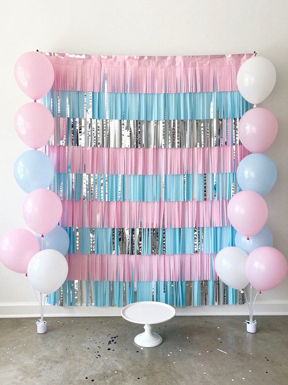 Image Prompt:
A single realistic photo of a fun gender reveal party backdrop with a full wall of layered metallic fringe in soft pink, baby blue, silver, and white, balloon clusters at both sides, a small white cake stand in front, confetti pieces scattered neatly on the floor, bright indoor party lighting, playful photo booth setup, no people, no faces, realistic party photography, no text, no watermark.