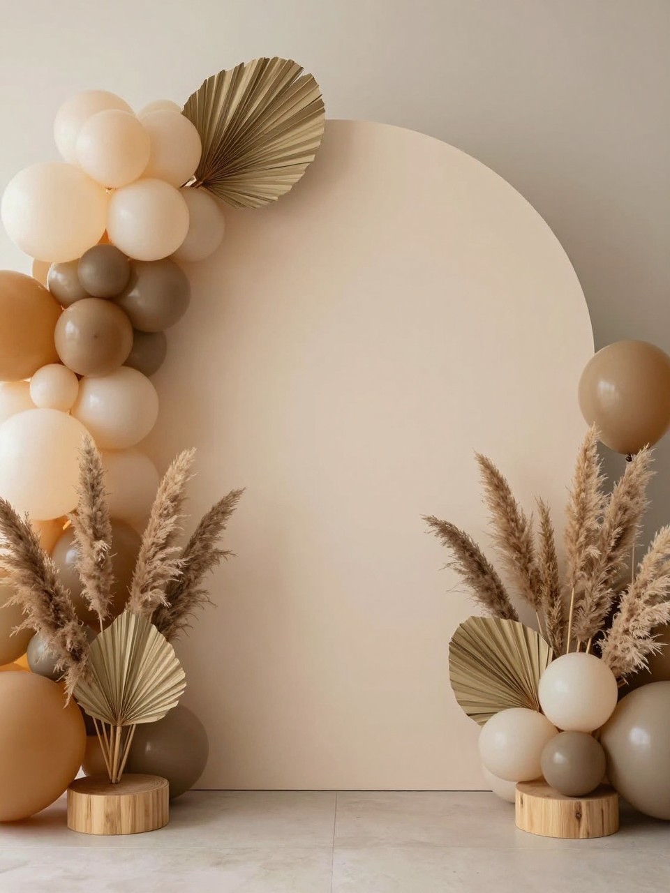 Image Prompt:
A single realistic photo of a boho-style circle backdrop with a large beige round panel, dried pampas grass and palm leaves arranged in tall asymmetrical clusters on both sides, warm neutral balloons in ivory, caramel, and taupe, low wooden plinths, soft indoor lighting, no people, no faces, realistic editorial event photography, no text, no watermark.