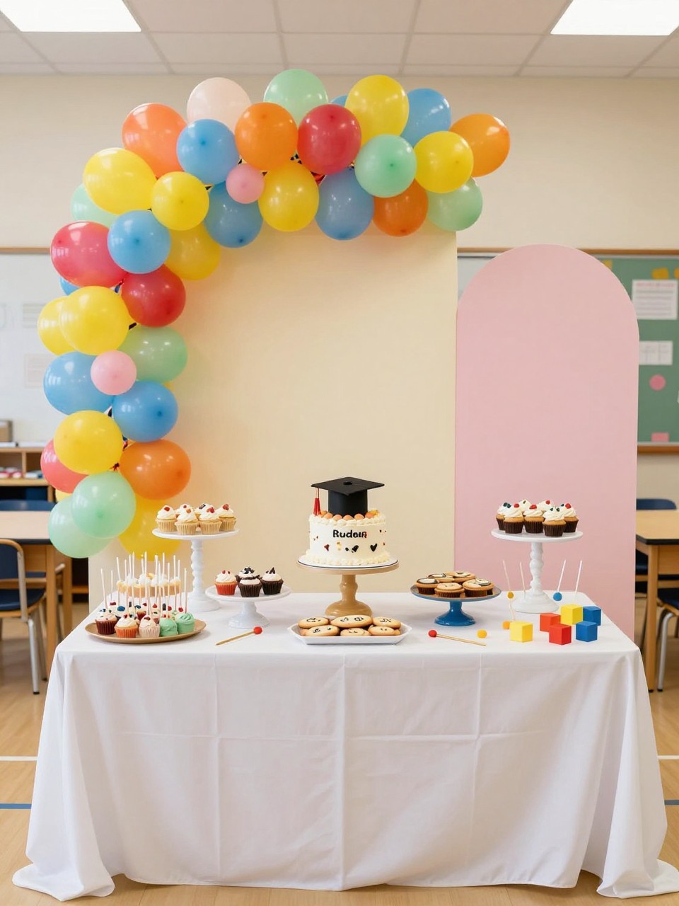 Image Prompt:
A single realistic editorial-style photo of a preschool graduation dessert table backdrop with bright balloon garland, cream and pastel panels, a styled dessert table with cupcakes, cookies, cake pops, mini cakes, and a small graduation cake on child-friendly stands, tiny cap props, colorful blocks, indoor classroom event space, no people, no faces, realistic food and event photography, no readable text, no watermark.