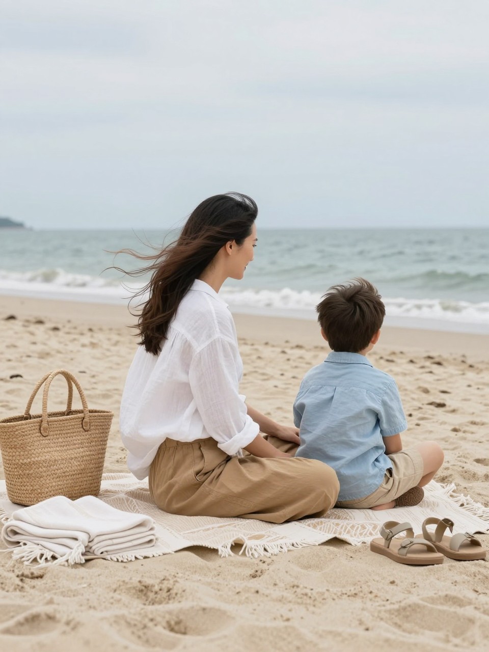 Image Prompt:
A realistic coastal mother and son photoshoot on a quiet beach, featuring a white mother in a loose white linen shirt and tan wide-leg trousers, sitting on a woven beach blanket with her little son in a light blue shirt and beige shorts. A soft breeze moves the fabric slightly while they sit close together and look toward the ocean. The scene includes a woven tote, a folded towel, and neutral sandals placed neatly nearby. Soft cloudy daylight, calm ocean background, natural lifestyle family photography, vertical image.