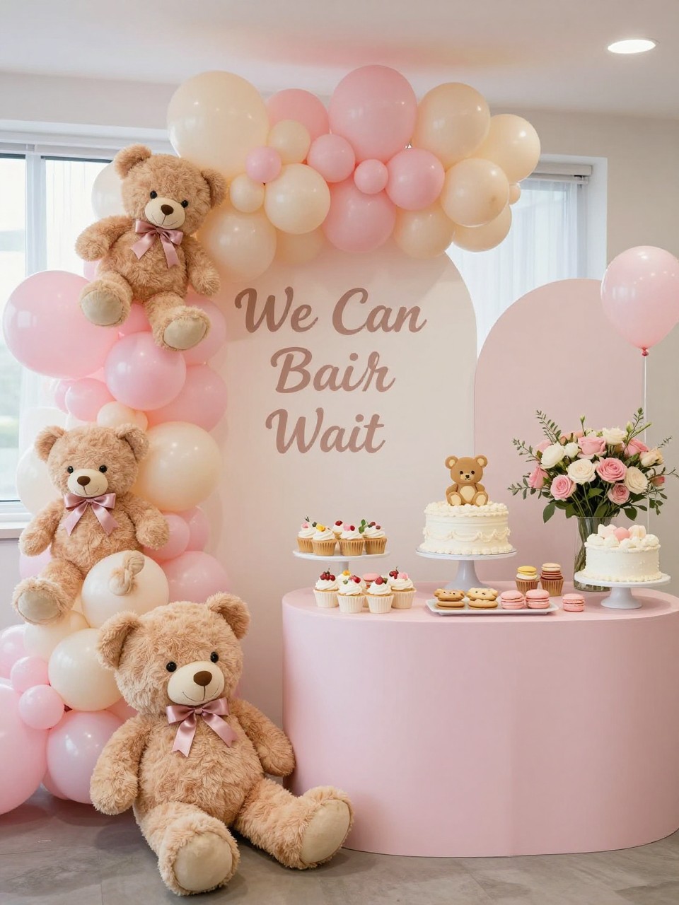 Image Prompt:
A realistic single-image pink “We Can Bearly Wait” baby shower decor setup, blush pink and cream balloon garland, plush teddy bears with small pink satin bows, pink dessert table with cupcakes, macarons, bear-shaped cookies, white cake with teddy bear topper, soft floral arrangements, sign reading “We Can Bearly Wait,” bright indoor party venue, no people, no faces, editorial baby shower photography, realistic bakery and balloon details, no watermarks on images