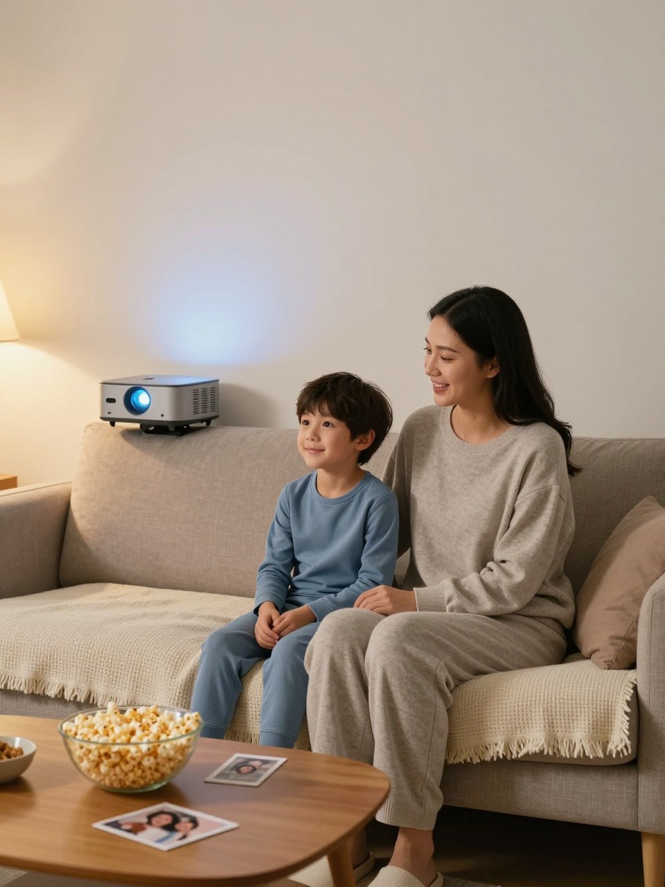 Image Prompt:
A realistic indoor mother and son photoshoot in a cozy living room with a small projector casting soft light onto a plain wall, featuring a white mother and her young son sitting together on a neutral sofa under a cream throw blanket. The mother wears a soft gray sweater and lounge pants, and the son wears a long-sleeve blue pajama set. A bowl of popcorn sits on a low coffee table with a few family photo prints nearby. Warm lamp light, gentle projector glow, natural smiles, cozy documentary photography, vertical image.