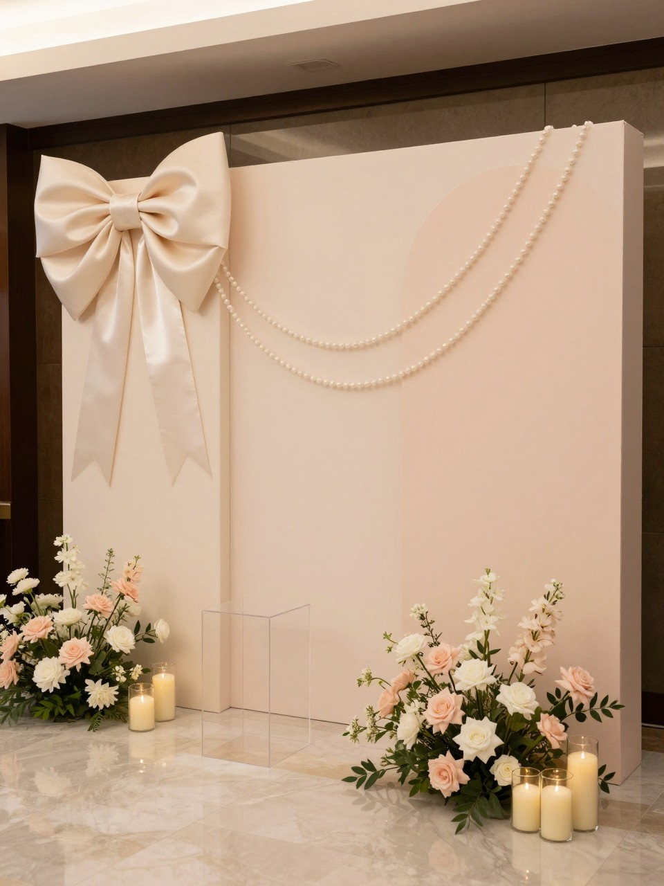 A single realistic editorial-style photo of a sweet and elegant Sweet 16 backdrop with soft ivory and blush panels, oversized satin bows, pearl garlands draped across the panels, blush and white flowers at the base, clear plinths, candle clusters, polished indoor venue, no people, no faces, warm soft lighting, realistic event photography, no text, no watermark.
