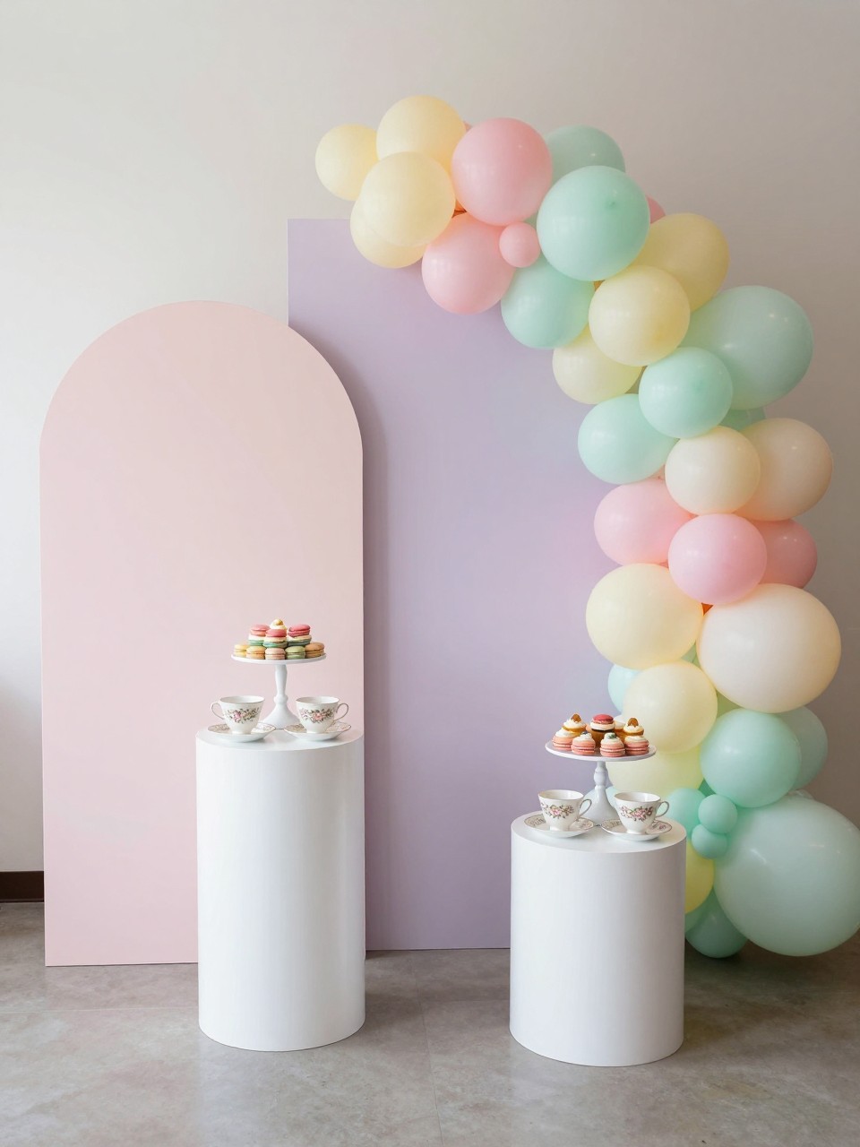 Image Prompt:
A single realistic editorial-style photo of a pastel tea party backdrop with layered curved panels in blush pink, lilac, butter yellow, mint, and ivory, soft balloon garland in matching pastel colors, white plinths, floral teacups, a small dessert stand with macarons and mini cakes, bright indoor party venue, no people, no faces, soft daylight, realistic party photography, no text, no watermark.