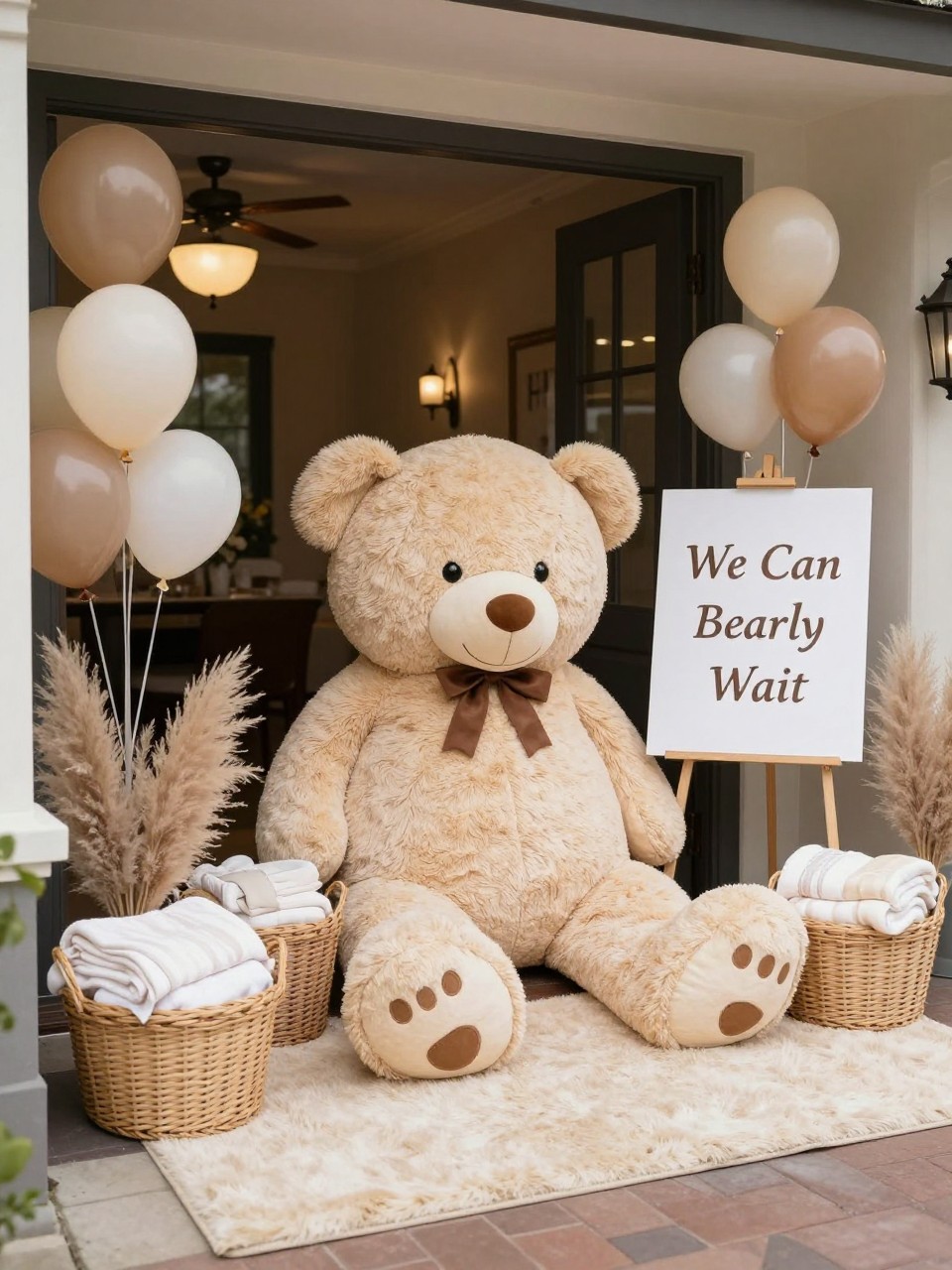 Image Prompt:
A realistic single-image baby shower entrance display with a giant plush teddy bear sitting beside a welcome sign that reads “We Can Bearly Wait,” cream and taupe balloons around the doorway, woven baskets filled with baby blankets, pampas grass, soft ivory rug, warm indoor event entrance, no people, no faces, editorial party entrance photography, realistic plush texture, soft natural lighting, no watermarks on images