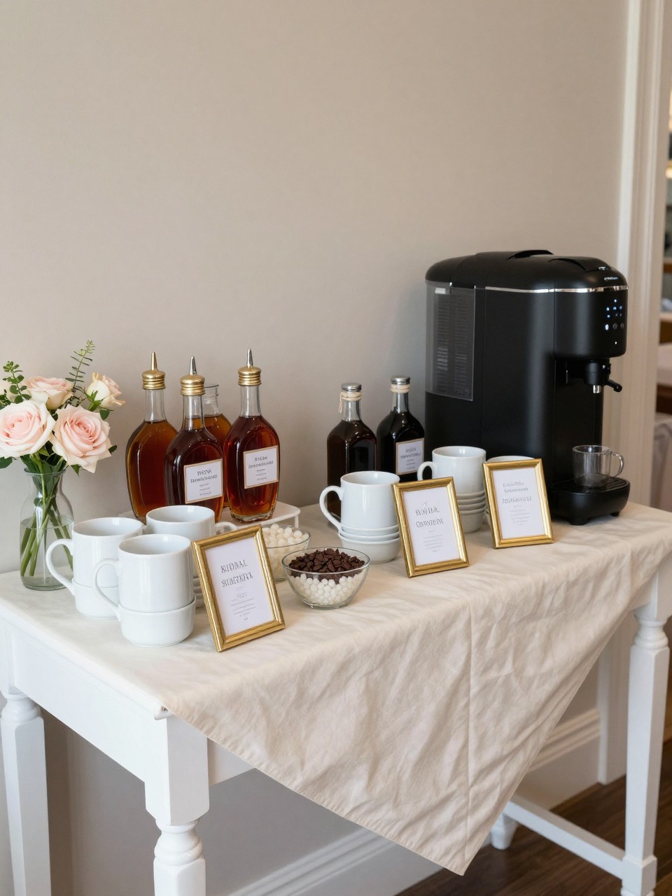 A realistic DSLR photo of a bridal shower coffee bar on a white console table, cream tablecloth, gold-framed labels, white mugs stacked neatly, glass syrup bottles, small bowls of sugar pearls and chocolate shavings, blush flowers in low vases, coffee dispenser, elegant neutral backdrop, soft natural daylight, refined feminine party styling, no people.