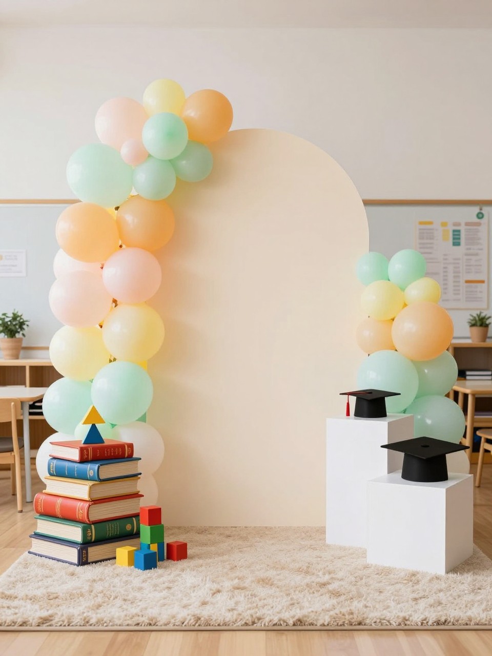Image Prompt:
A single realistic photo of a preschool graduation backdrop with stacked children’s books, colorful wooden blocks, a cream arch panel, pastel balloon clusters, small graduation cap props, soft classroom rug, low white plinths, bright preschool room setting, no people, no faces, realistic lifestyle event photography, no readable text, no watermark.