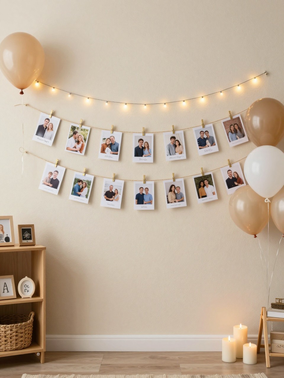 Image Prompt:
A single realistic editorial-style photo of a sentimental Father’s Day backdrop with a cream fabric wall, printed family photo cards clipped neatly along twine lines, warm string lights, neutral balloon clusters, wooden shelves with small keepsakes, candles at the base, cozy indoor home celebration setting, no people, no faces, realistic lifestyle photography, no readable text, no watermark.