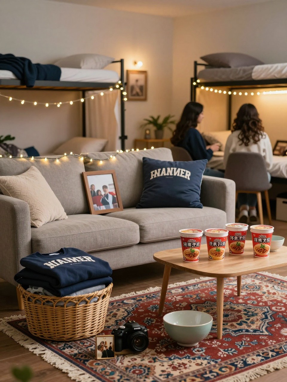 A realistic DSLR photo of a graduation party lounge styled like a beautiful grown-up dorm room, with a cozy sofa, layered rugs, fairy lights, college sweatshirts folded in a basket, framed dorm photos, instant noodle cups styled neatly beside ceramic bowls, two friends sitting in the background facing away from the camera and slightly blurred, warm indoor lighting, nostalgic but polished decor.