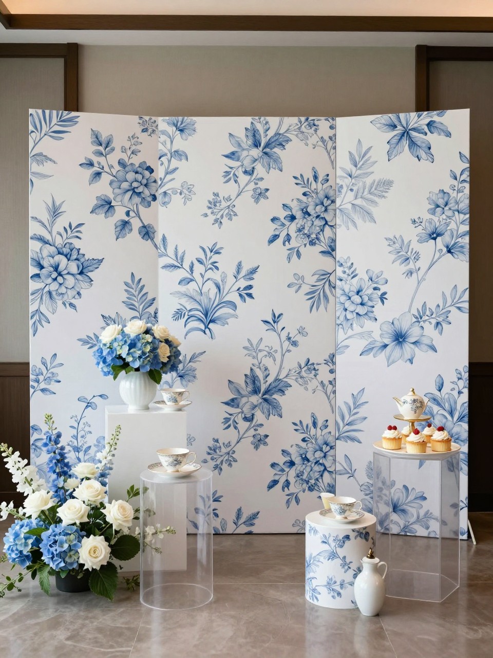 Image Prompt:
A single realistic editorial-style photo of a blue and white tea party backdrop with chinoiserie-inspired blue floral panels, white roses, blue hydrangeas, elegant teacups, ginger jar props, clear plinths, a small dessert table with mini cakes, refined indoor party setting, no people, no faces, soft natural lighting, no readable text, no watermark.