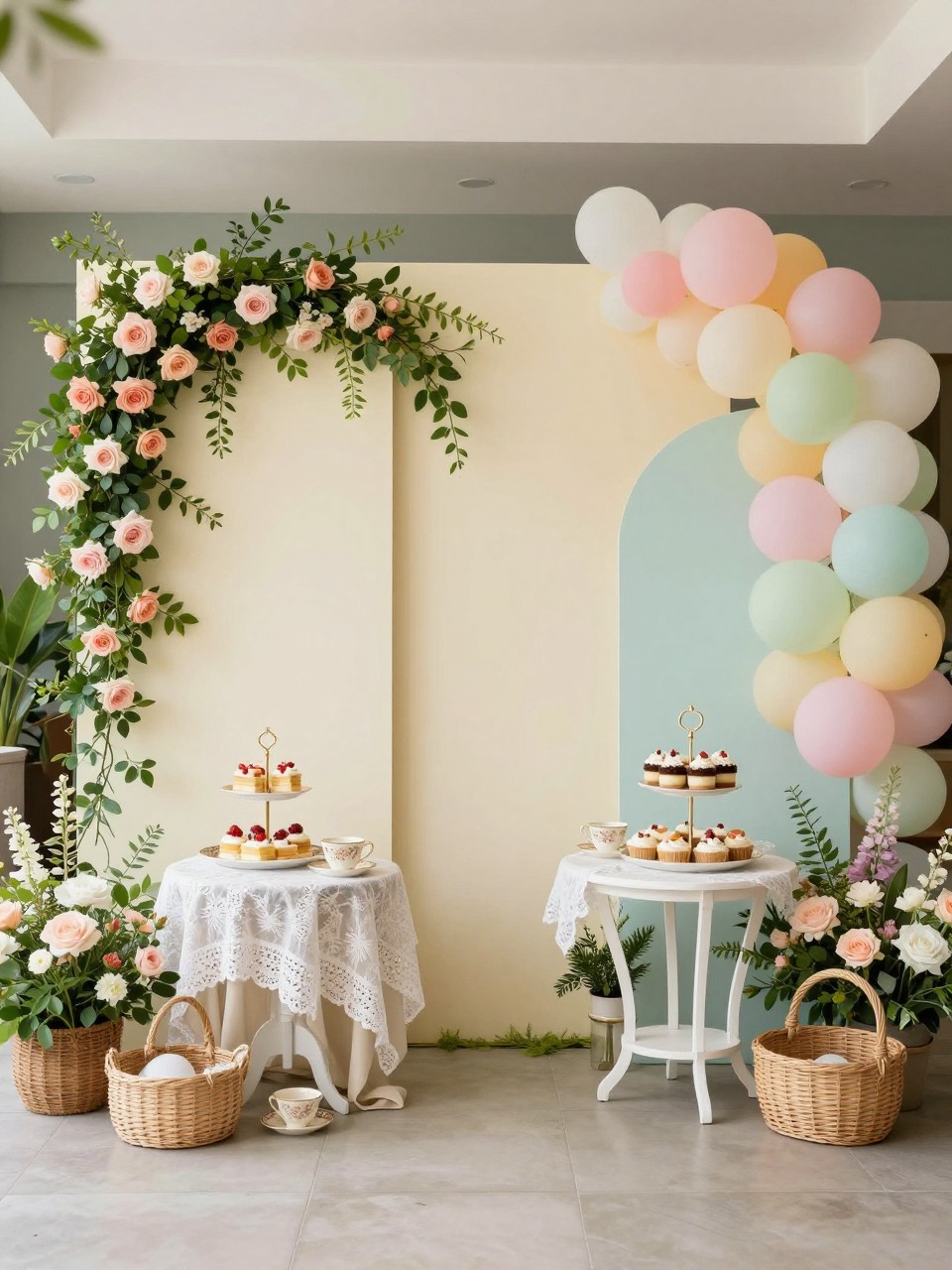 Image Prompt:
A single realistic editorial-style photo of a full garden tea party backdrop with layered cream and pastel panels, climbing roses, greenery, floral garlands, soft balloon clusters, vintage teacups, lace table styling, a small tea table with tiered desserts, woven baskets, bright indoor or outdoor party space, no people, no faces, realistic colorful event photography, no text, no watermark.