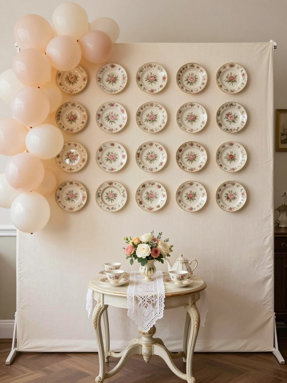 Image Prompt:
A single realistic editorial-style photo of a vintage tea party backdrop with a cream fabric wall, antique-style floral china plates arranged neatly as wall decor, soft blush and ivory balloon clusters on one side, a small vintage tea table in front with teacups, saucers, a teapot, lace runner, and fresh flowers, elegant indoor party setting, no people, no faces, soft natural lighting, realistic event photography, no text, no watermark.