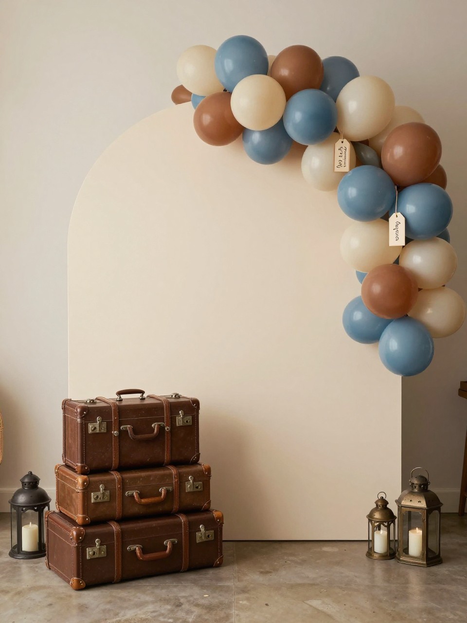 Image Prompt:
A single realistic photo of a farewell party backdrop with stacked vintage-style suitcases arranged beside a cream backdrop panel, balloon garland in dusty blue, ivory, and muted terracotta, a few travel tags as decor, small lanterns on the floor, cozy indoor party setting, no people, no faces, warm soft lighting, realistic editorial photo, no text, no watermark.