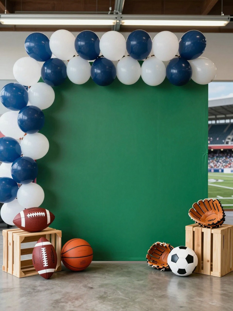 Image Prompt:
A single realistic photo of a Father’s Day sports-themed backdrop with a deep green backdrop panel, sports props like a football, basketball, baseball glove, and soccer ball arranged neatly at the base, navy and white balloon garland, wooden crates, stadium-inspired lighting, indoor or garage party setting, no people, no faces, realistic event photography, no readable logos, no text, no watermark.