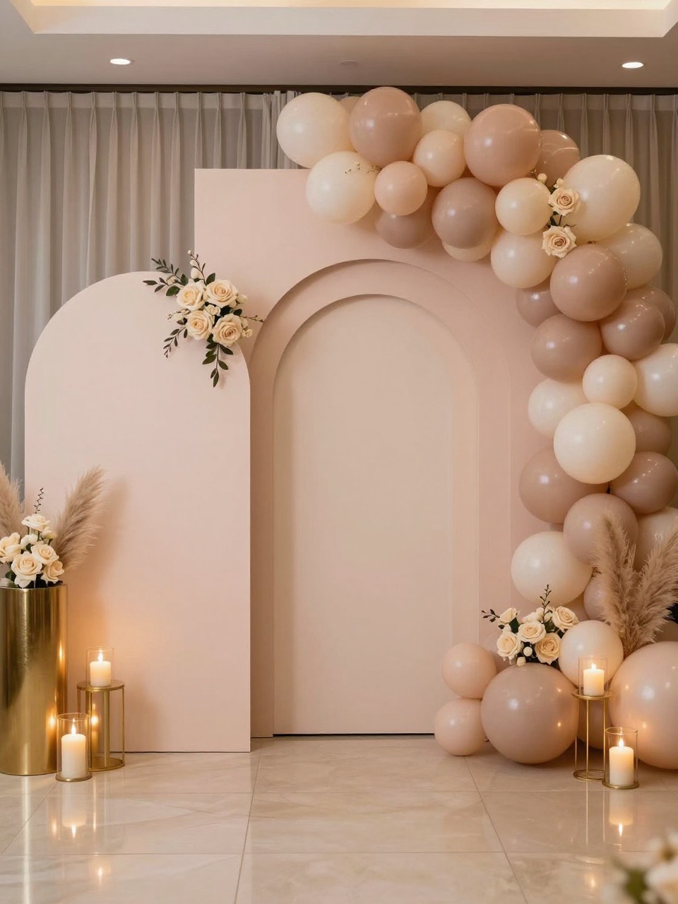Image Prompt:
A single realistic photo of a dusty rose and champagne quinceañera backdrop with layered curved panels in dusty rose, cream, and champagne, muted balloon garland, ivory roses, pampas grass, gold plinths, warm candle-style decor, polished indoor venue, no people, no faces, soft warm lighting, realistic upscale event photography, no text, no watermark.