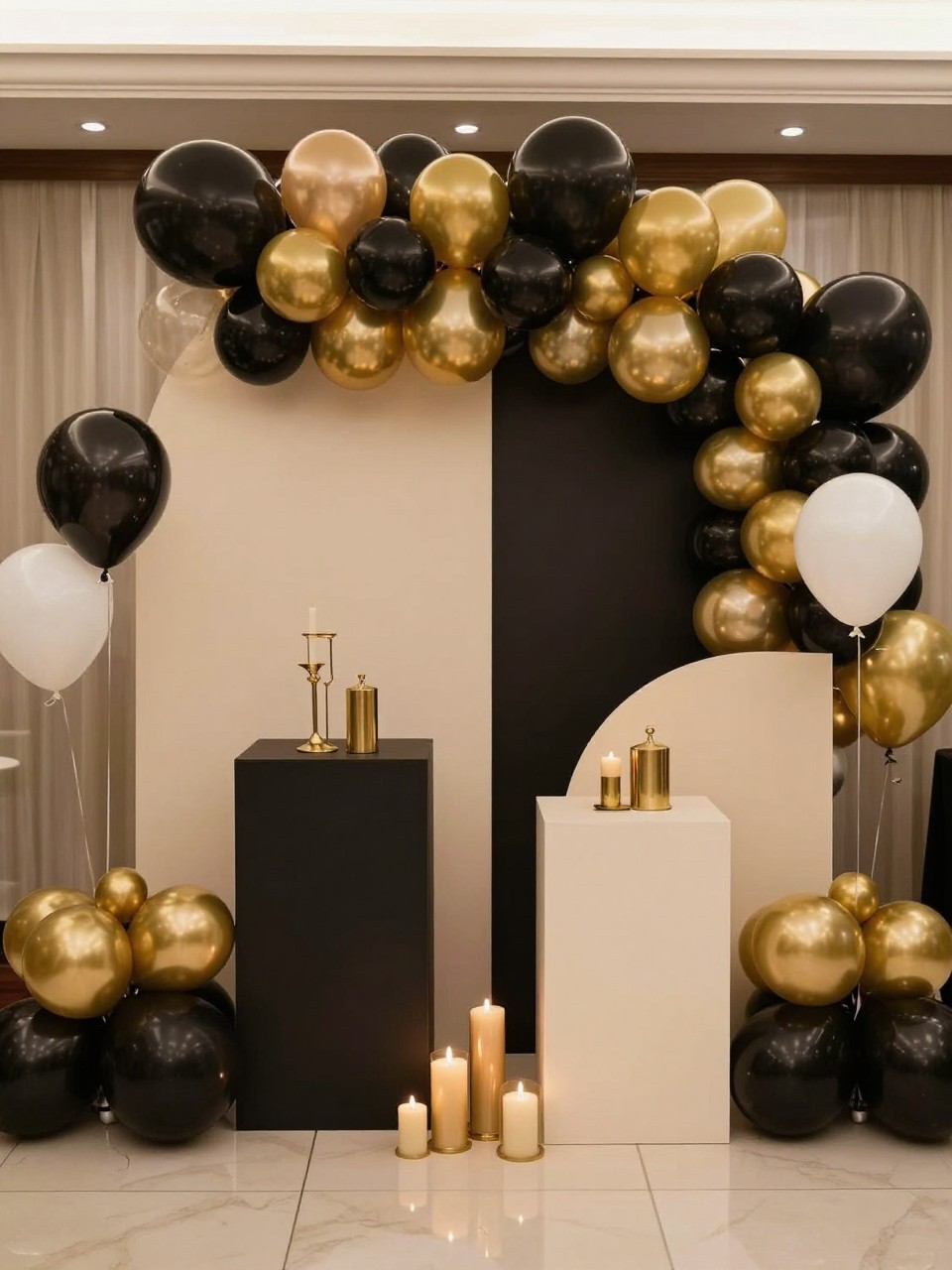 Image Prompt:
A single realistic photo of a dramatic black and gold balloon backdrop with matte black, metallic gold, champagne, and white balloons arranged around layered black and cream panels, gold plinths, candle-style decor at the base, elegant indoor party setting, no people, no faces, warm evening lighting, realistic luxury event photo, no text, no watermark.