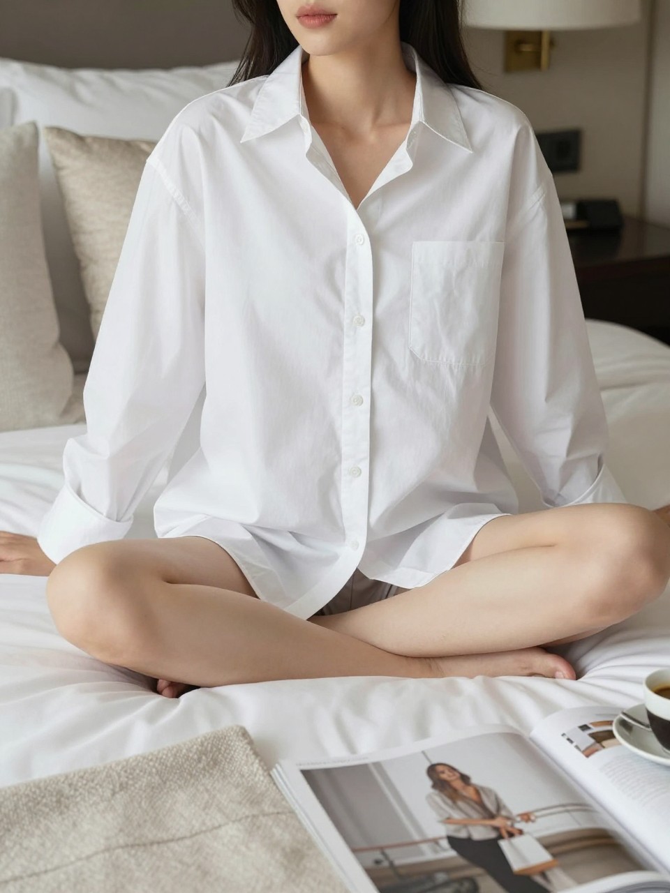 A realistic editorial hotel room photoshoot of an adult woman sitting cross-legged on a white hotel bed, wearing an oversized crisp white button-down shirt over modest shorts, with a soft beige throw blanket nearby. Her face is cropped above the lips or turned away, keeping facial features unclear. The setting includes fluffy pillows, a tray with coffee, soft natural light, and simple luxury hotel decor. Clean magazine-style photography, relaxed confident pose, vertical composition.