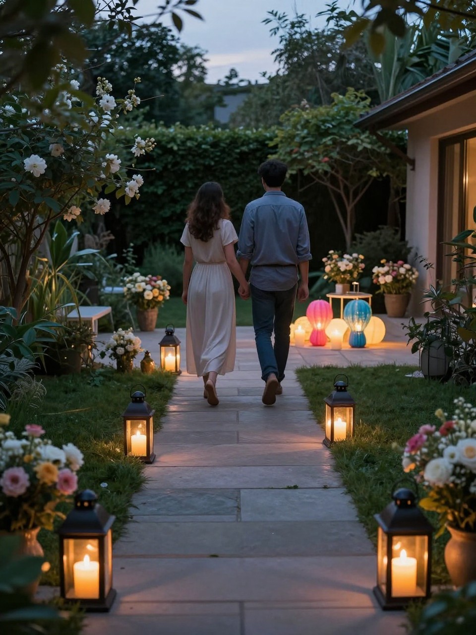 A realistic editorial photo of an intimate twilight gender reveal in a small garden or backyard, lanterns lining a path, candles, soft florals, parents walking hand in hand toward a glowing setup where the final lanterns shine in one reveal color, romantic evening atmosphere