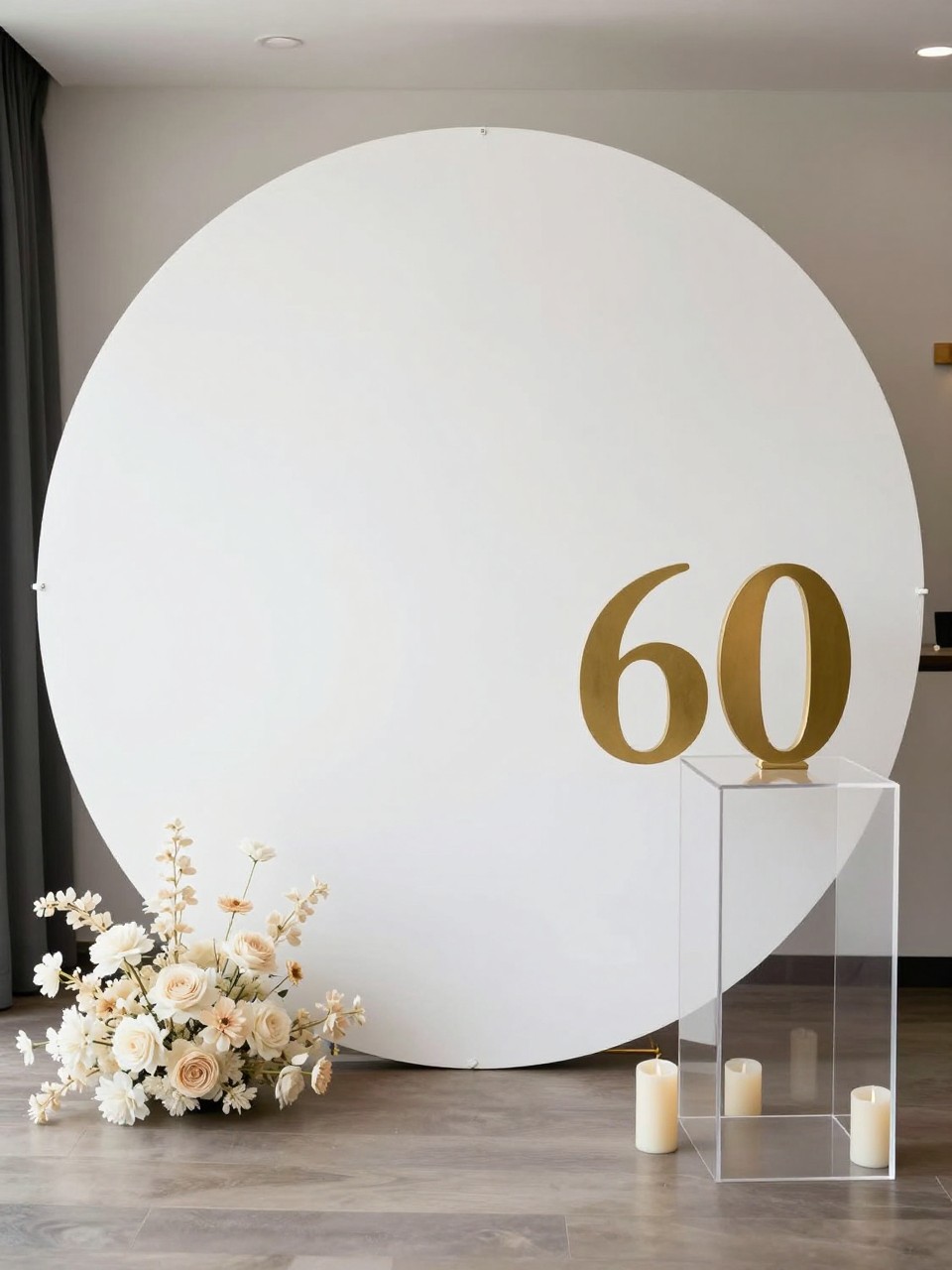 Image Prompt:
A single realistic photo of a minimalist 60th birthday backdrop with a large matte white circular panel, simple gold number 60 placed neatly in front, small ivory floral arrangements at the base, clear acrylic plinths, soft candle accents, clean indoor event space, no people, no faces, bright natural light, realistic modern party photography, no watermark.