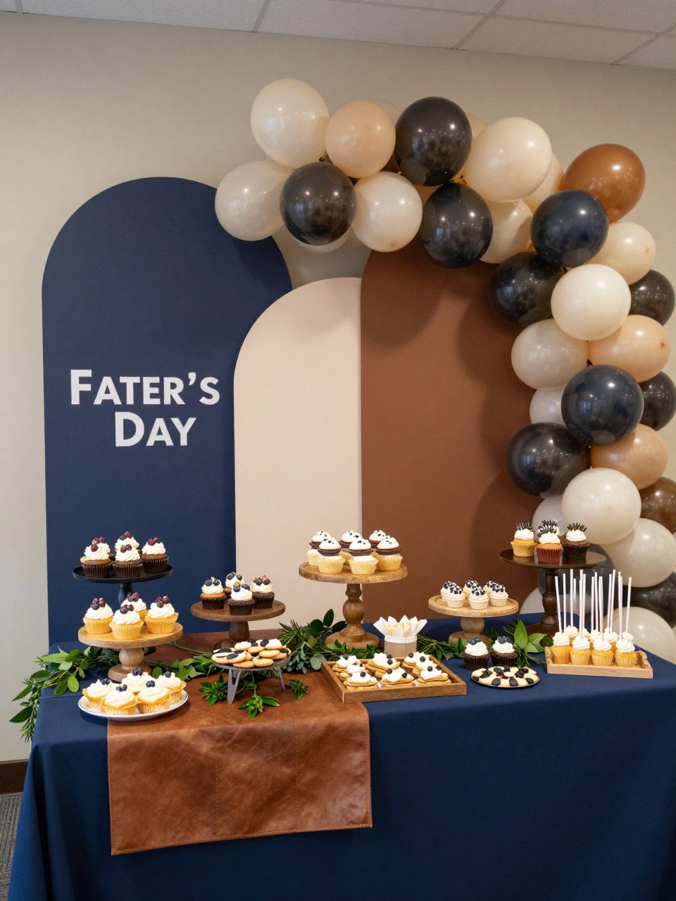 Image Prompt:
A single realistic photo of a Father’s Day dessert table backdrop with layered navy, cream, and brown panels, neutral balloon garland, a styled dessert table with cupcakes, cookies, mini cakes, and cake pops on wooden stands, leather and greenery accents, warm indoor family party setting, no people, no faces, realistic food and event photography, no readable text, no watermark.