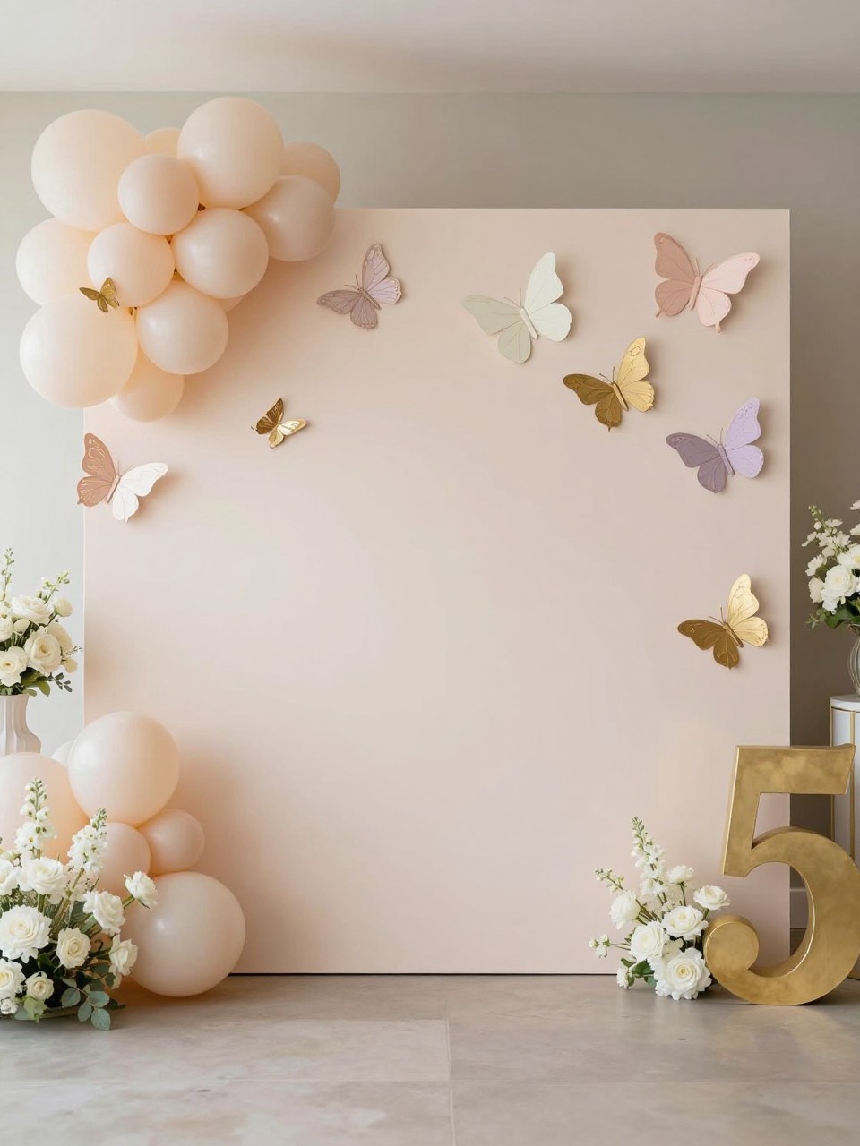 Image Prompt:
A single realistic editorial-style photo of a dreamy quinceañera backdrop with a pale blush panel, delicate butterfly cutouts in blush, ivory, lavender, and gold arranged in a floating pattern, soft balloon clusters, white floral arrangements, a gold number fifteen prop, elegant indoor party setting, no people, no faces, soft natural lighting, realistic event photography, no text, no watermark.