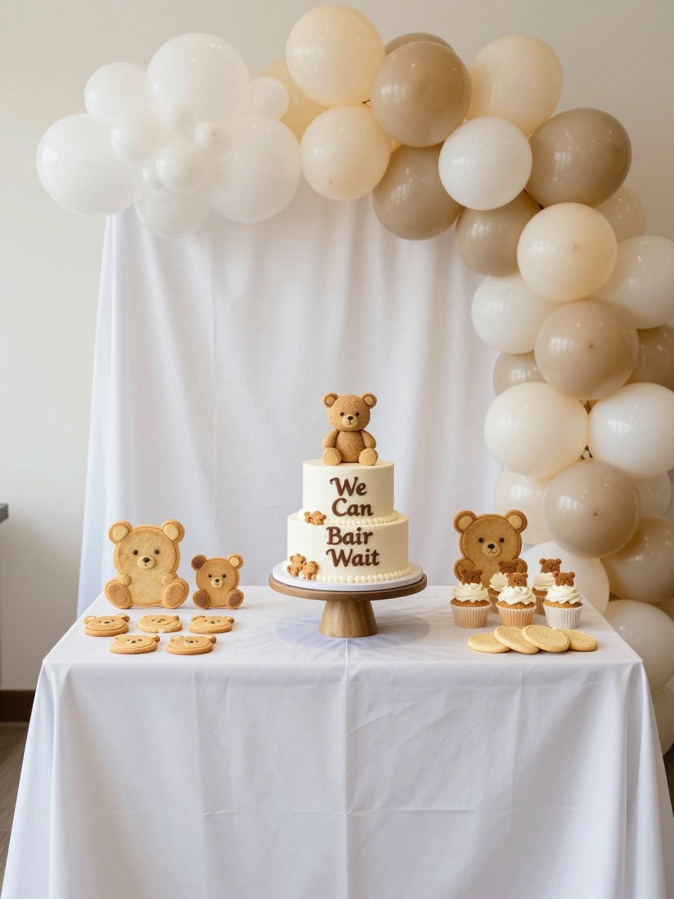 Image Prompt:
A realistic single-image “We Can Bearly Wait” baby shower cake table, white cake with teddy bear topper placed on a wooden cake stand, cloud-shaped balloon clusters around the table, cream and beige balloon arch, soft white fabric backdrop, bear-shaped cookies, cupcakes with tiny teddy ears, sign reading “We Can Bearly Wait,” bright indoor party setting, no people, no faces, editorial dessert table photography, realistic cake and balloon textures, no watermarks on images