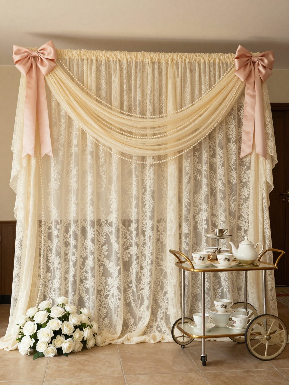 Image Prompt:
A single realistic editorial-style photo of an elegant tea party backdrop with sheer ivory lace fabric draped from ceiling to floor, pearl garlands, blush satin bows, white roses at the base, a vintage tea cart with teacups and a teapot, warm indoor lighting, no people, no faces, romantic event photography, no text, no watermark.