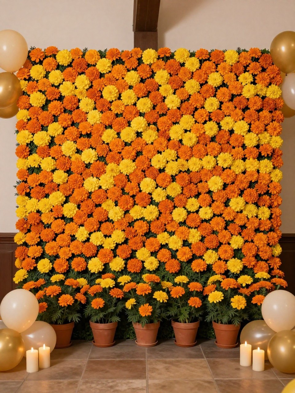 Image Prompt:
A single realistic photo of a Mexican-inspired floral backdrop with a full wall of orange and yellow marigold-style flowers, soft greenery, terracotta pots at the base, cream and gold balloon accents, warm candle-style decor, indoor party setting, no people, no faces, soft warm lighting, realistic editorial event photography, no text, no watermark.