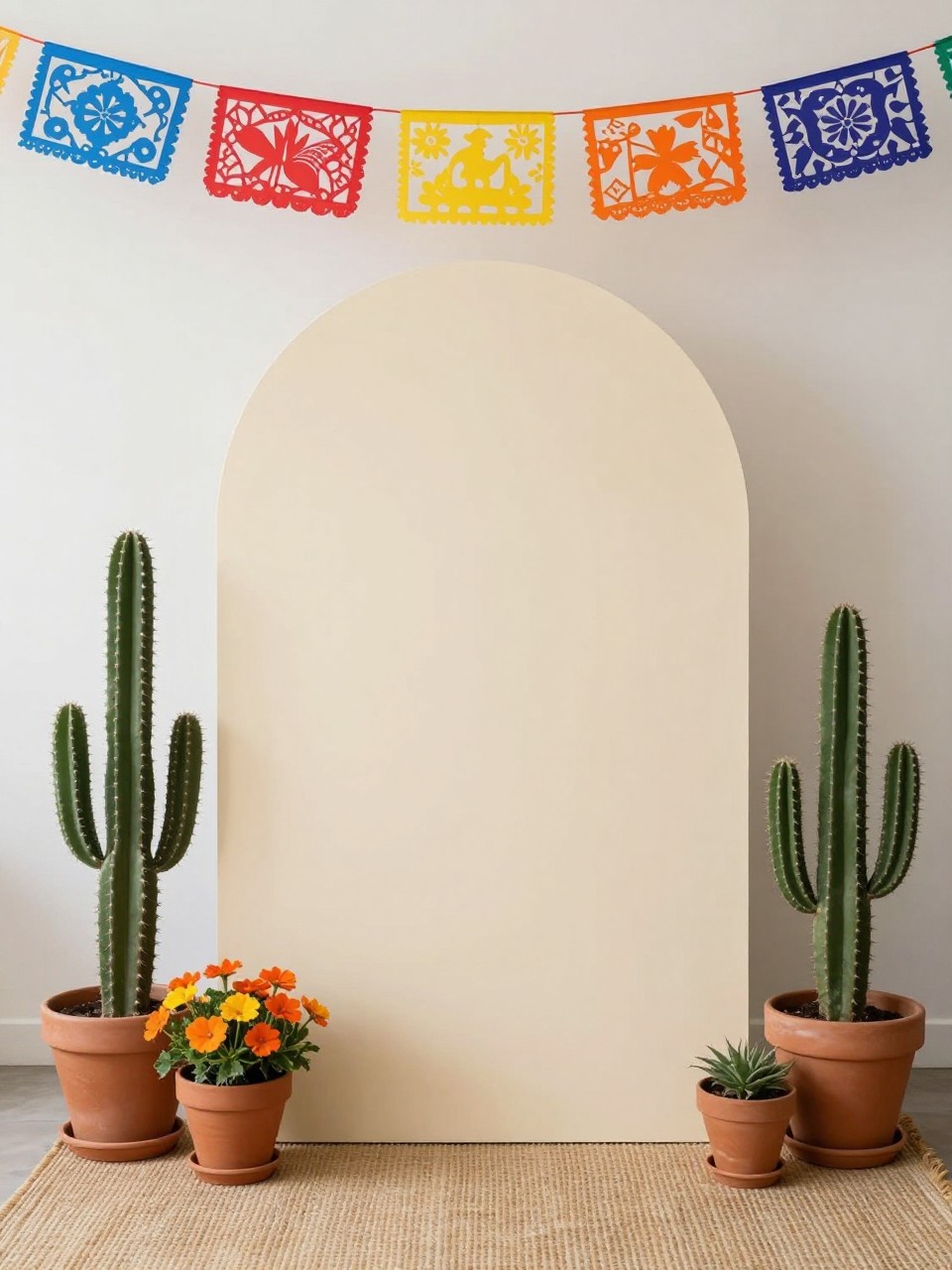 Image Prompt:
A single realistic editorial-style photo of a minimal Mexican-inspired party backdrop with one matte cream arch panel, small terracotta pots, cactus plants, warm orange and yellow flowers, simple papel picado garland above, woven rug at the base, soft natural indoor lighting, no people, no faces, realistic upscale party photography, no text, no watermark.