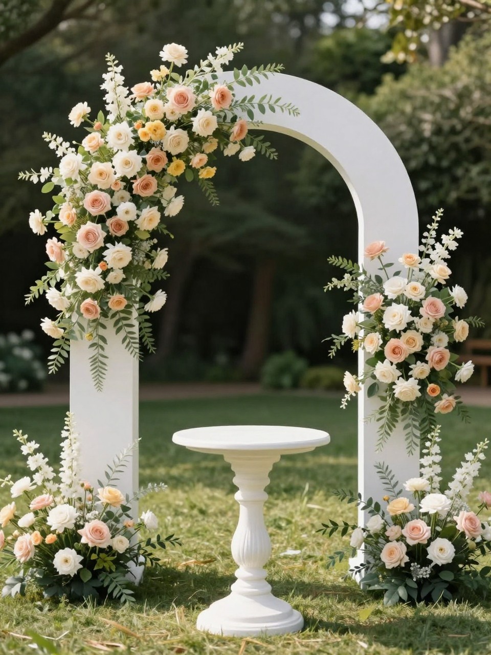 Image Prompt:
A single realistic photo of an outdoor farewell backdrop with a white arched floral frame filled with blush, ivory, pale peach, and soft yellow flowers, light greenery woven through the frame, a small styled pedestal table, grass lawn setting, soft afternoon sunlight, no people, no faces, realistic garden party photography, no text, no watermark.