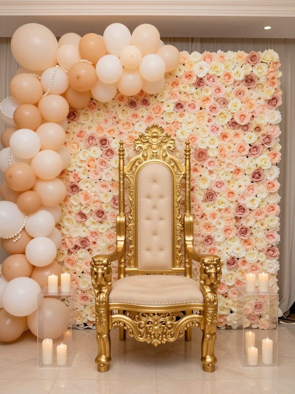 Image Prompt:
A single realistic editorial-style photo of a quinceañera throne chair backdrop with a blush and ivory floral wall, gold throne-style chair placed in front, soft balloon garland, pearl accents, candle clusters, clear plinths, elegant indoor ballroom setting, no people, no faces, warm soft lighting, realistic luxury event photography, no text, no watermark.