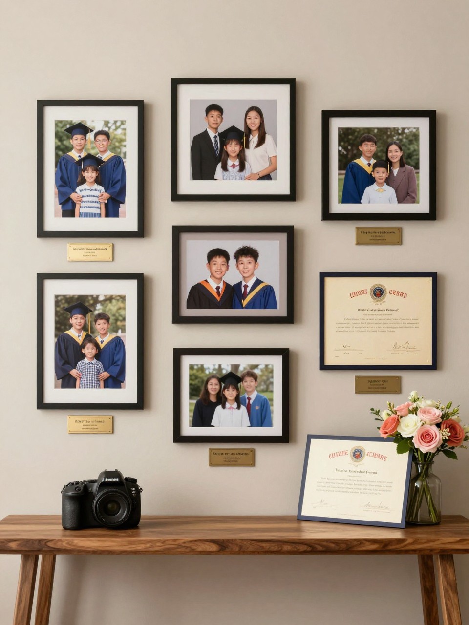 A realistic DSLR photo of a graduation party memory museum wall with framed family photos, old school pictures, childhood certificates, college acceptance letter copies, flowers, small museum-style labels, warm lamp lighting, neutral wall, wooden console table, elegant realistic styling, no people.