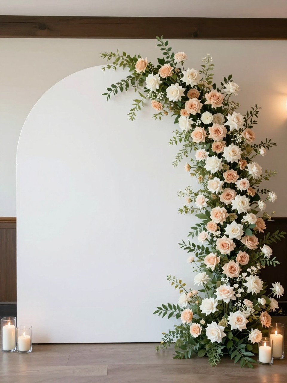 Image Prompt:
A single realistic editorial-style photo of a beautiful party backdrop featuring a large white circular backdrop panel decorated with blush, ivory, and pale peach flowers clustered heavily along one side, soft greenery woven through the flowers, a few candles in glass holders at the base, a clean indoor event setting, no people, no faces, soft natural lighting, realistic high-end event photography, no text, no watermark.