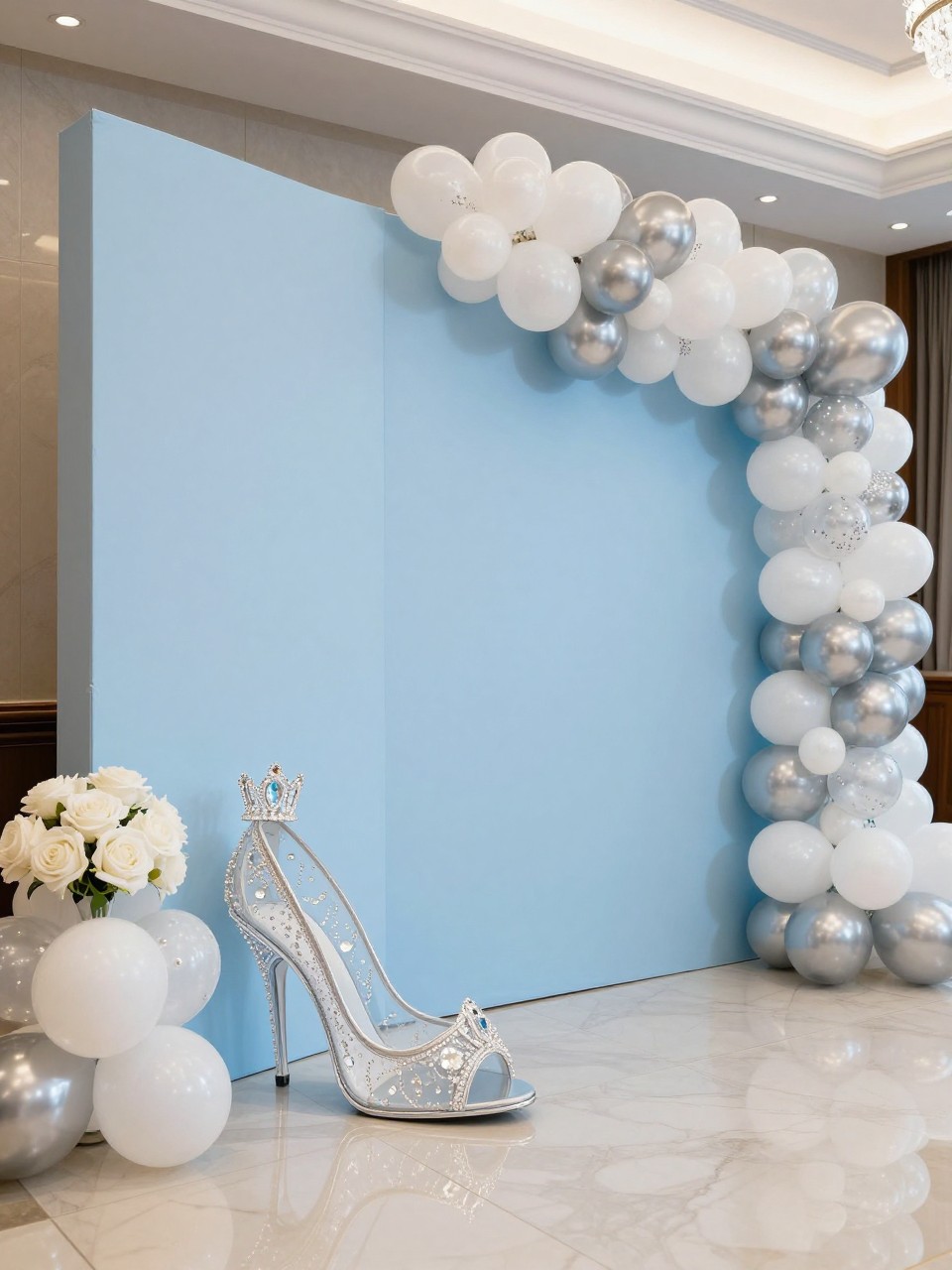 Image Prompt:
A single realistic editorial-style photo of a fairytale quinceañera backdrop with powder blue curved panels, pearl white and silver balloon garland, crystal-style accents, white roses, glass slipper-inspired decorative prop, silver crown detail, elegant indoor ballroom setting, no people, no faces, soft bright lighting, realistic luxury event photography, no text, no watermark.