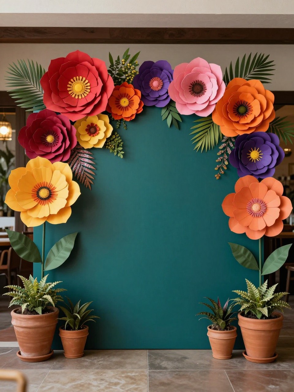 Image Prompt:
A single realistic editorial-style photo of a Mexican art-inspired party backdrop with a deep teal panel, oversized paper flowers in red, pink, orange, yellow, and purple arranged around the top and sides, leafy greenery, terracotta pots, patterned textile accents, warm indoor event lighting, no people, no faces, realistic high-end party photography, no text, no watermark.