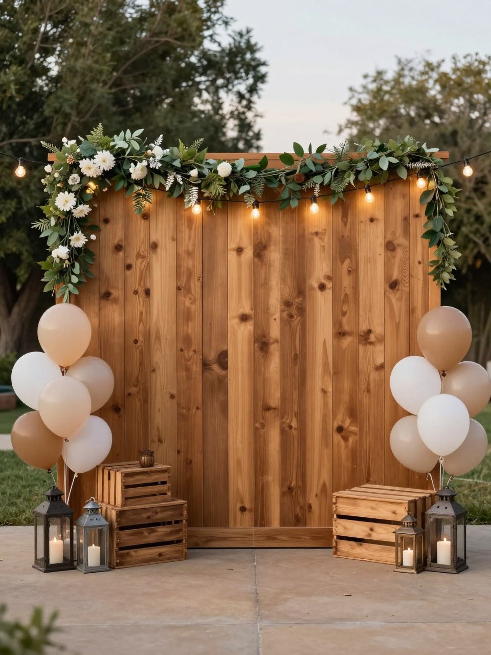 Image Prompt:
A single realistic photo of a rustic farewell party backdrop with a warm wooden panel wall, greenery garlands, white floral accents, string lights, neutral balloon clusters, wooden crates, and lanterns arranged at the base, backyard or barn-inspired setting, no people, no faces, golden hour lighting, realistic party photography, no text, no watermark.
